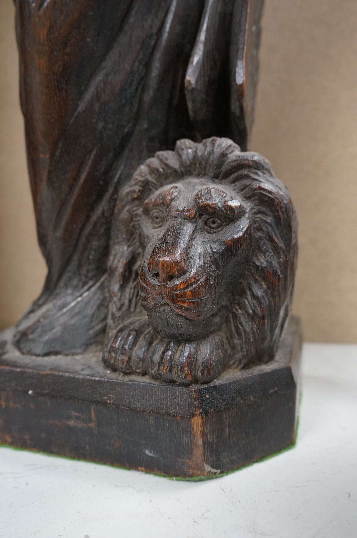 Two 19th century carved wood figures of standing scribes, 67cm